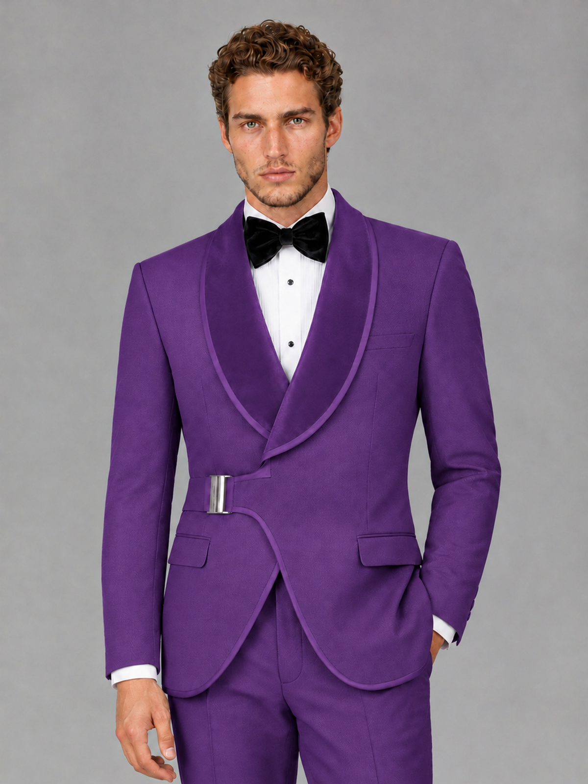 Savile Men's Purple Velvet Shawl Lapel Tuxedo Suit – Modern Side-Buckle Dinner Jacket & Trousers 2-Piece Set - Purple