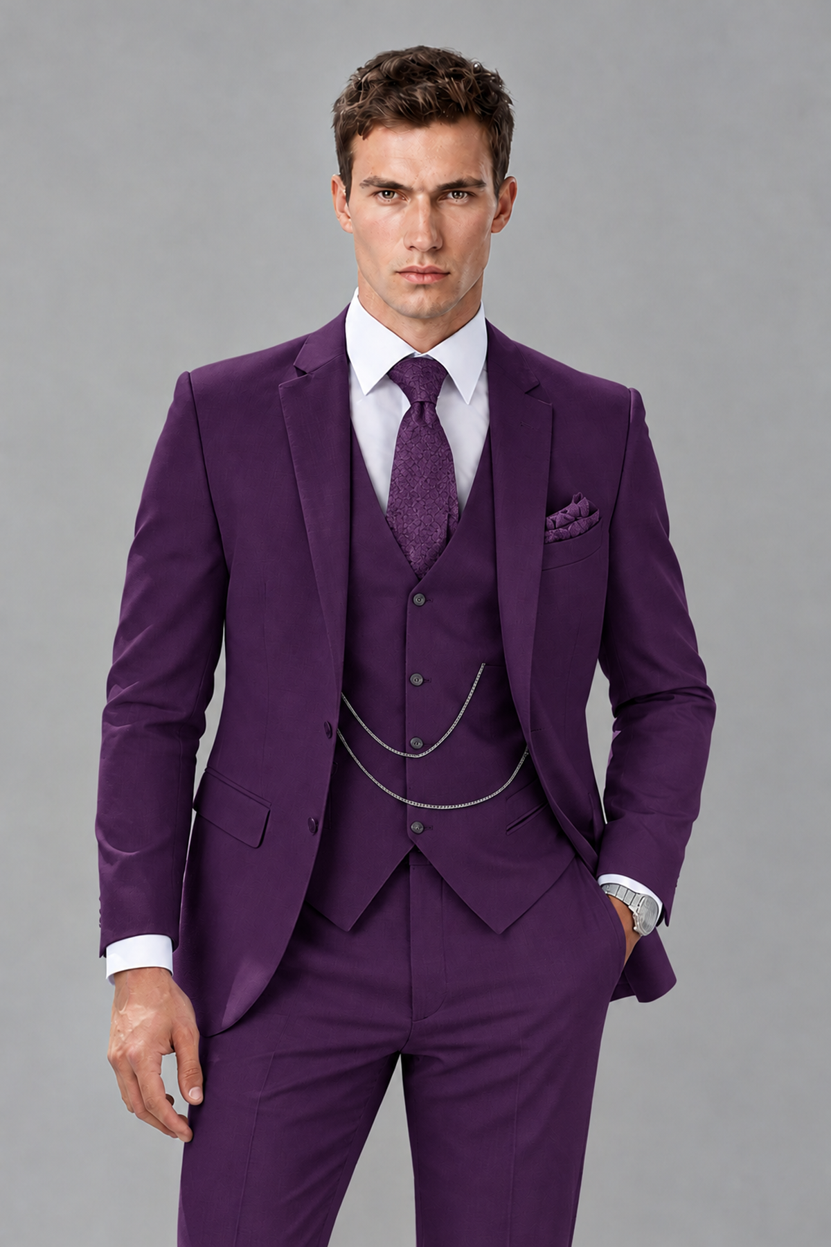Savile Purple 3-Piece Suit with Notch Lapel & Chain Vest - Purple