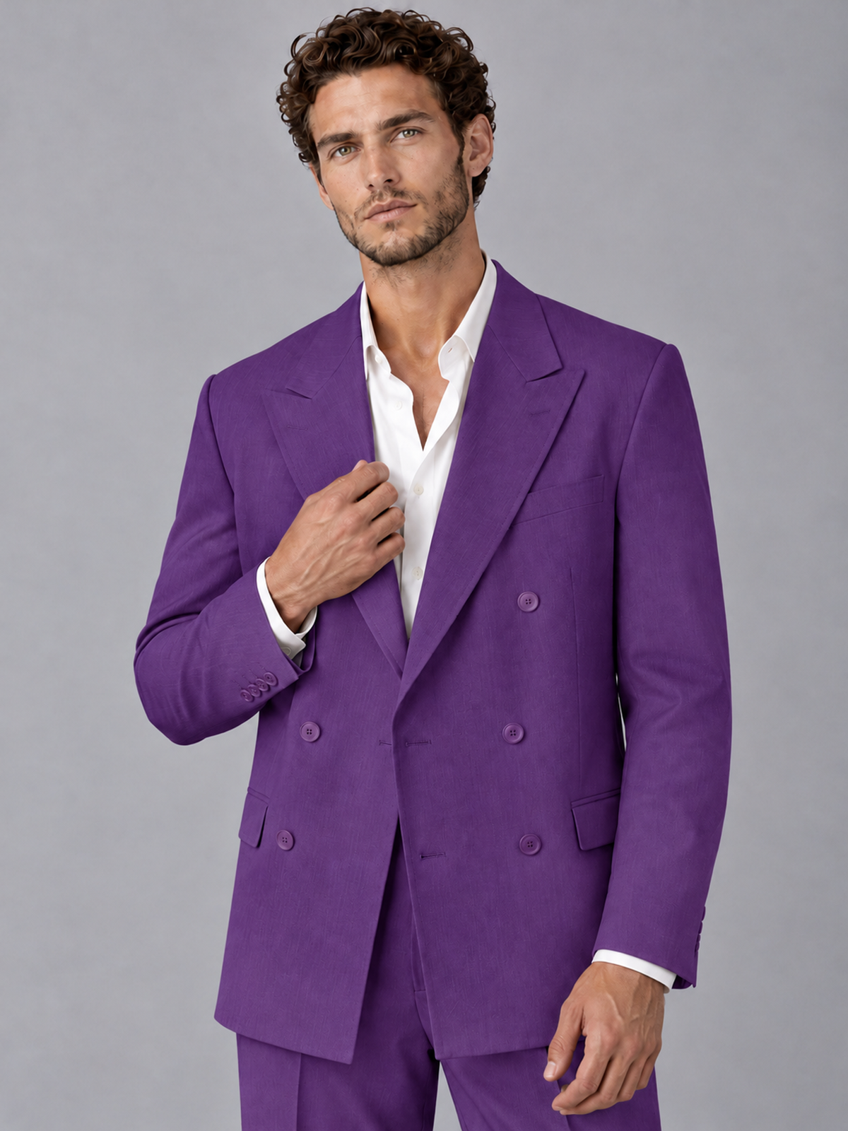 Savile Purple Beige Double-Breasted 2-Piece Suit with Peak Lapel - Purple