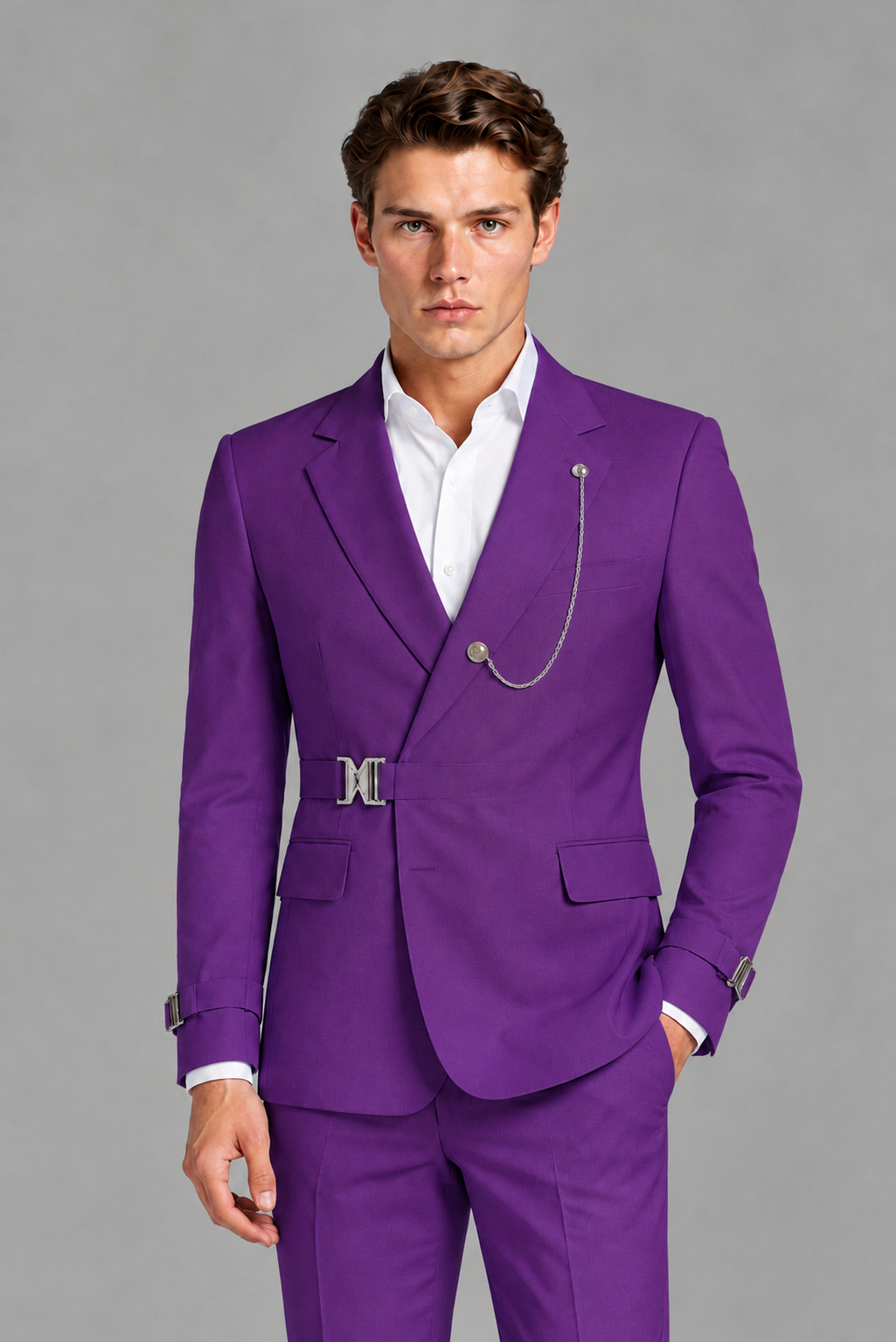 Savile Men's Purple Buckle-Closure 2-Piece Suit Set | Peak Lapel Blazer & Trousers - Purple