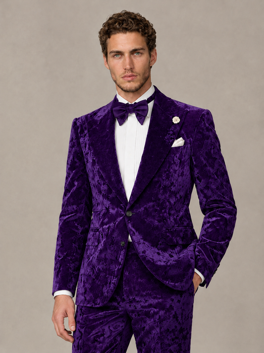 Savile Men's Purple Crushed Velvet Peak Lapel 2-Piece Suit Set | Jacket & Trousers - Purple - Purple (1)