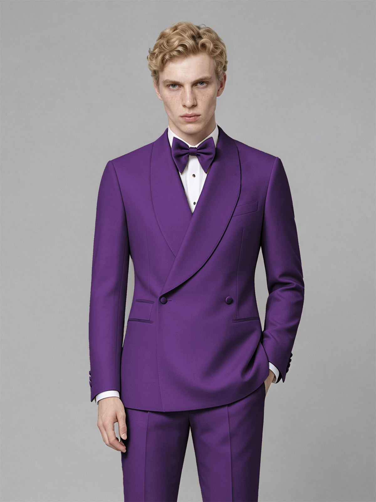 Men's Purple Single-Button Purple Satin Shawl Lapel Tuxedo Suit Set | Blazer & Trousers - Purple
