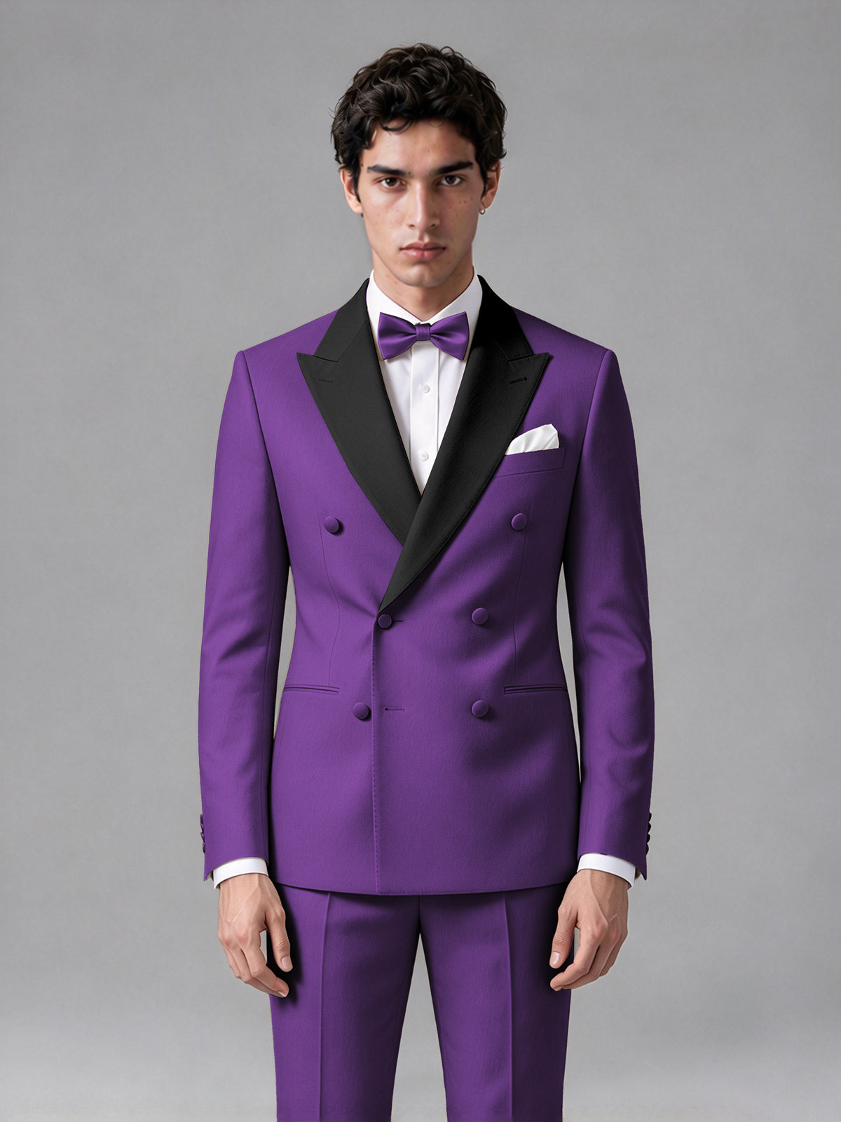 Men's Purple Double-Breasted Satin Peak Lapel Tuxedo Suit Set (Jacket + Trousers) - Purple