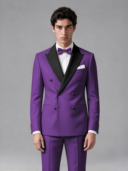 Men's Purple Double-Breasted Satin Peak Lapel Tuxedo Suit Set (Jacket + Trousers) - Purple