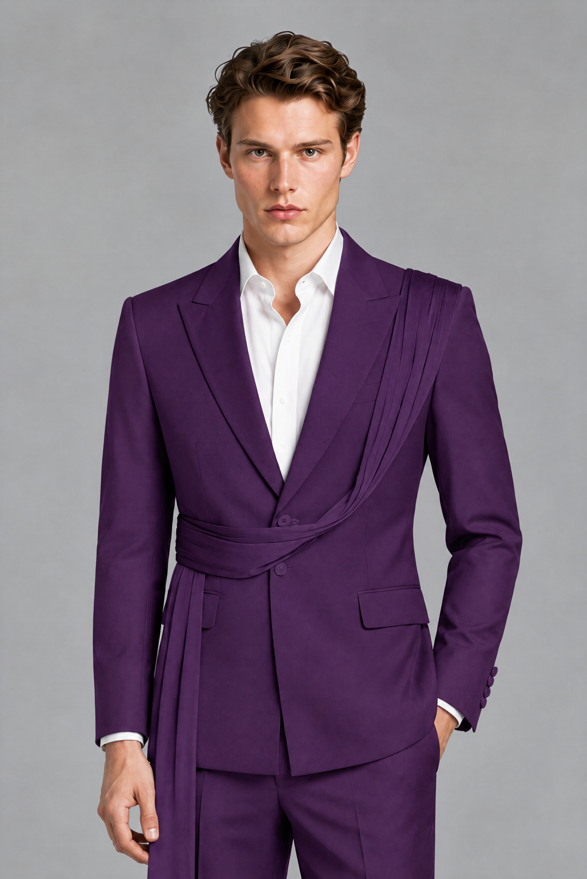 Men's Purple Draped Sash Suit – Peak Lapel 2-Piece Slim Fit Party, Gala & Wedding Set - Purple