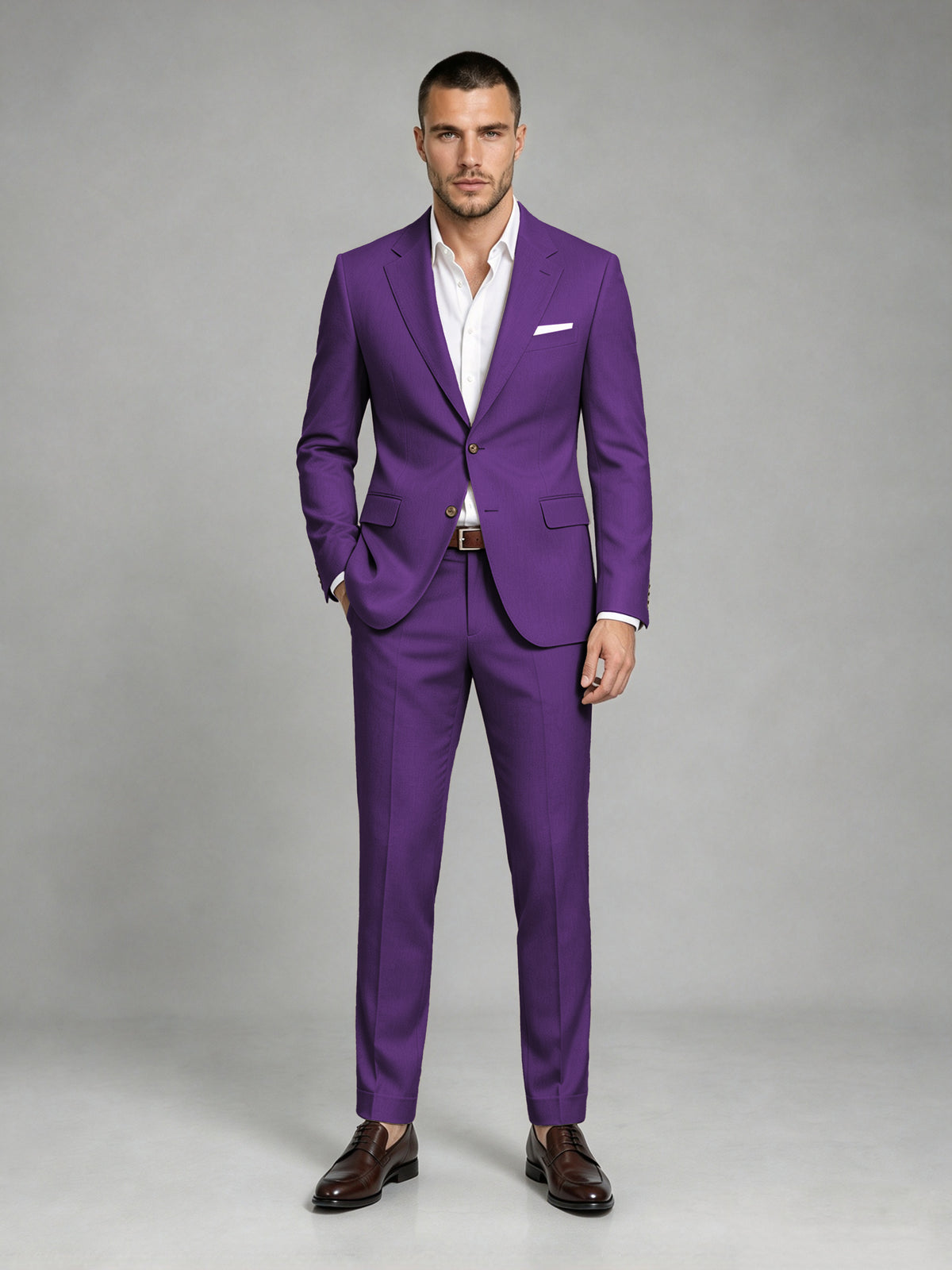 Savile Men's Dark Purple Wool-Blend 2-Piece Suit Set – Two-Button Notch Lapel Slim-Fit Blazer & Turn-Up Trousers - Purple