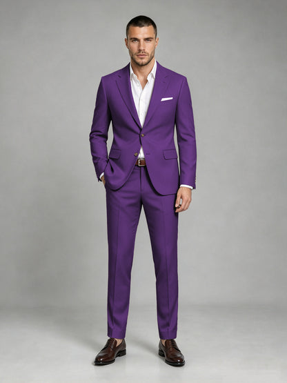 Savile Men's Dark Purple Wool-Blend 2-Piece Suit Set – Two-Button Notch Lapel Slim-Fit Blazer & Turn-Up Trousers - Purple