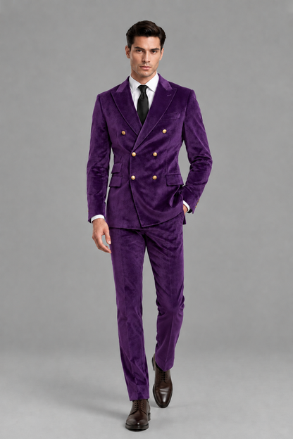 Savile Men's Purple Velvet Double-Breasted 2-Piece Suit Set | Peak Lapel Blazer & Trousers - Purple