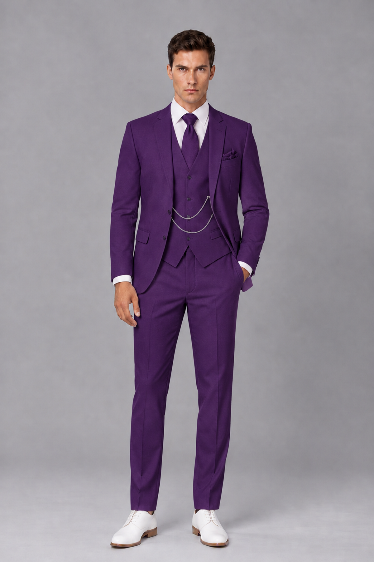 Savile Purple 3-Piece Suit with Notch Lapel & Chain Vest - Purple