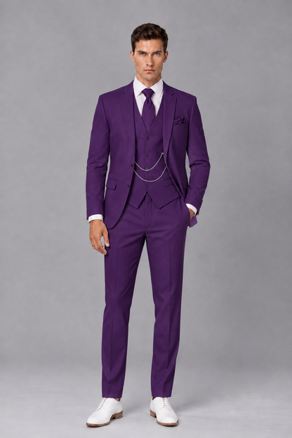 Savile Purple 3-Piece Suit with Notch Lapel & Chain Vest - Purple