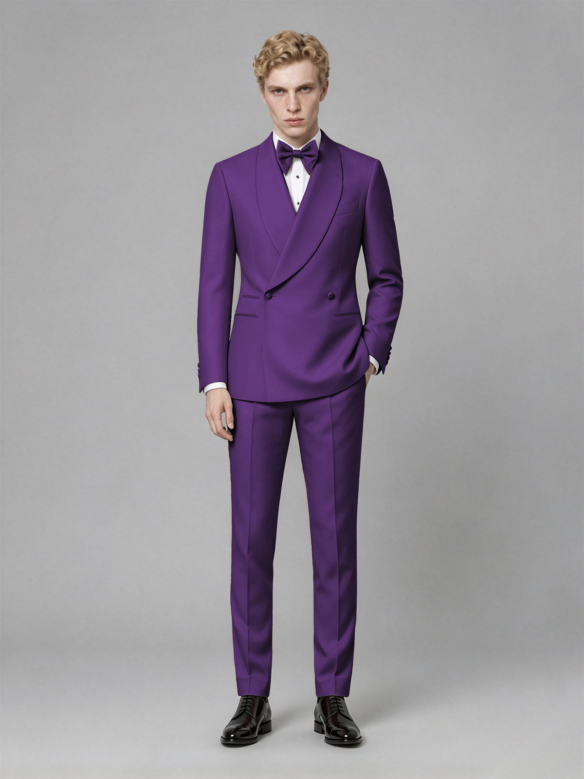 Men's Purple Single-Button Purple Satin Shawl Lapel Tuxedo Suit Set | Blazer & Trousers - Purple