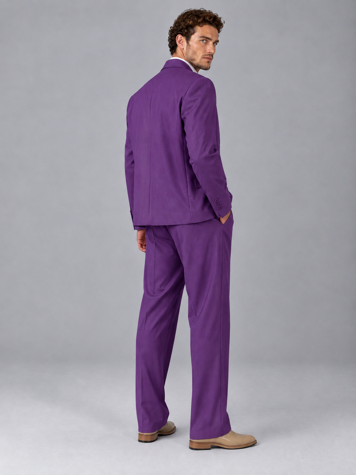 Savile Purple Beige Double-Breasted 2-Piece Suit with Peak Lapel - Purple