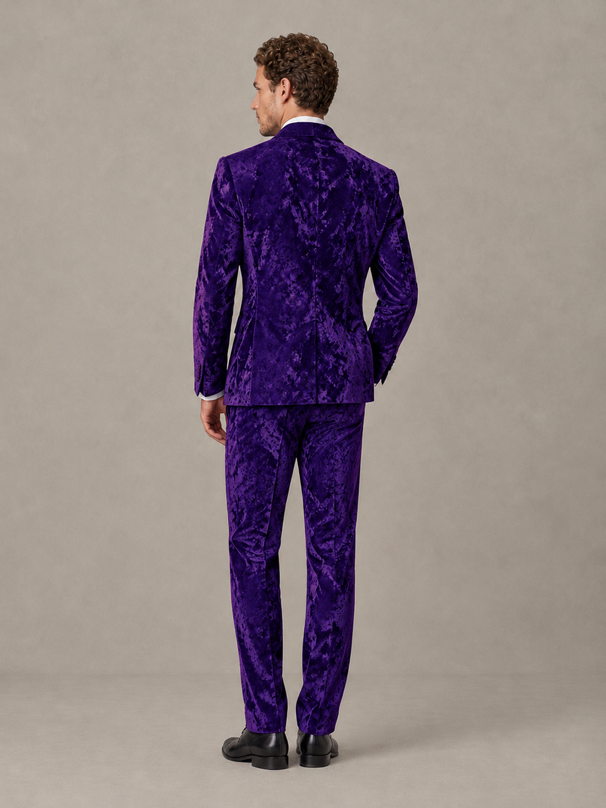 Savile Men's Purple Crushed Velvet Peak Lapel 2-Piece Suit Set | Jacket & Trousers - Purple - Purple (2)