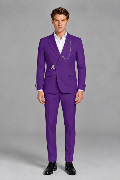 Savile Men's Purple Buckle-Closure 2-Piece Suit Set | Peak Lapel Blazer & Trousers - Purple