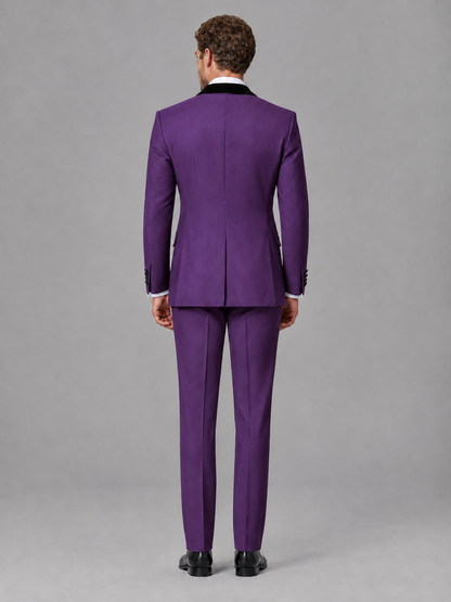 Savile Men's Purple Velvet Shawl Lapel Tuxedo Suit – Modern Side-Buckle Dinner Jacket & Trousers 2-Piece Set - Purple
