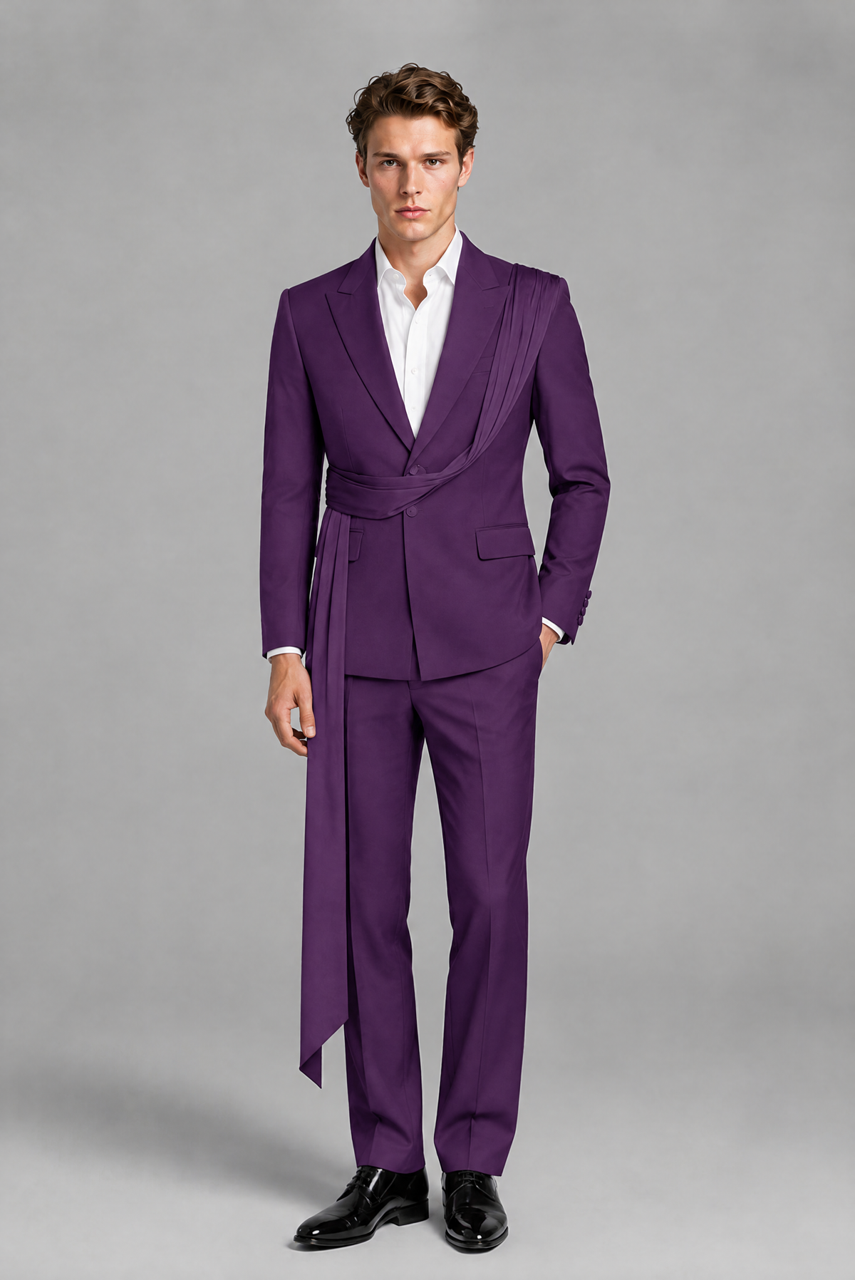 Men's Purple Draped Sash Suit – Peak Lapel 2-Piece Slim Fit Party, Gala & Wedding Set - Purple