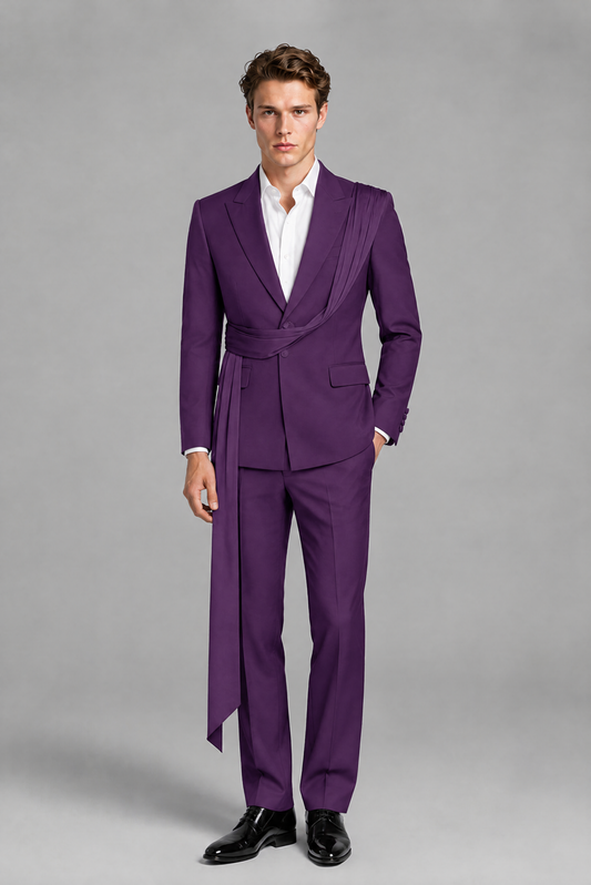 Men's Purple Draped Sash Suit – Peak Lapel 2-Piece Slim Fit Party, Gala & Wedding Set - Purple