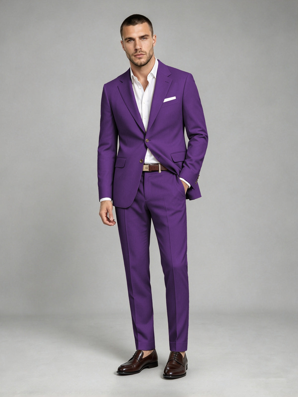 Savile Men's Dark Purple Wool-Blend 2-Piece Suit Set – Two-Button Notch Lapel Slim-Fit Blazer & Turn-Up Trousers - Purple
