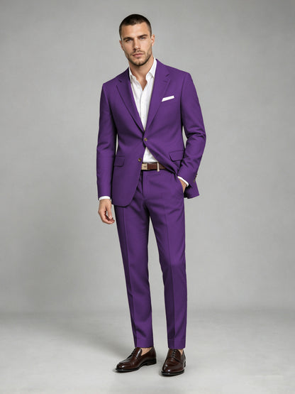 Savile Men's Dark Purple Wool-Blend 2-Piece Suit Set – Two-Button Notch Lapel Slim-Fit Blazer & Turn-Up Trousers - Purple