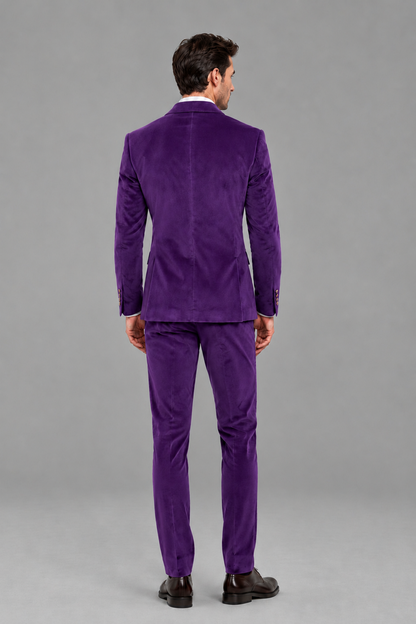 Savile Men's Purple Velvet Double-Breasted 2-Piece Suit Set | Peak Lapel Blazer & Trousers - Purple