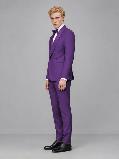 Men's Purple Single-Button Purple Satin Shawl Lapel Tuxedo Suit Set | Blazer & Trousers - Purple