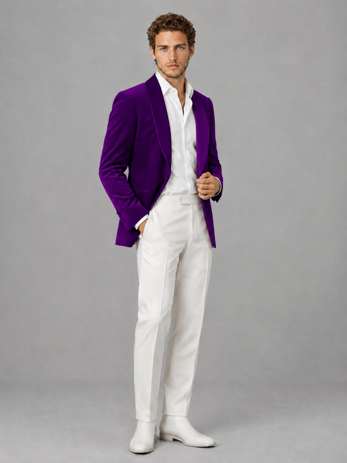 Savile Men's Purple Velvet Shawl Lapel 2-Piece Tuxedo Suit Set | Jacket & White Trousers - Purple - Purple (3)