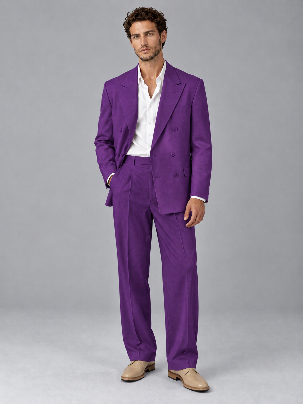 Savile Purple Beige Double-Breasted 2-Piece Suit with Peak Lapel - Purple