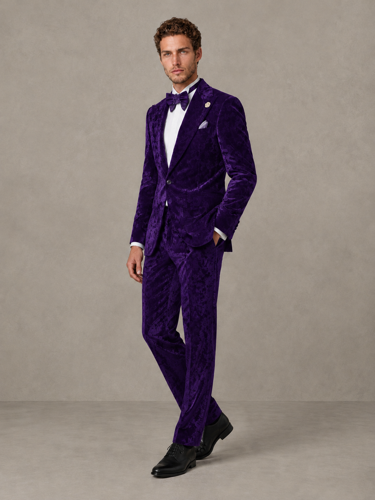 Savile Men's Purple Crushed Velvet Peak Lapel 2-Piece Suit Set | Jacket & Trousers - Purple - Purple (3)