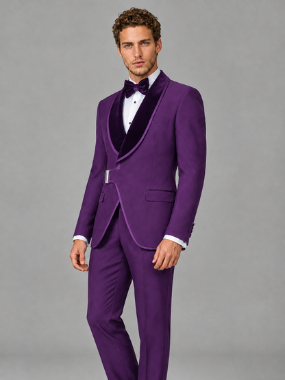 Savile Men's Purple Velvet Shawl Lapel Tuxedo Suit – Modern Side-Buckle Dinner Jacket & Trousers 2-Piece Set - Purple