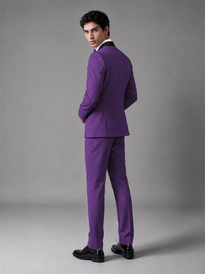 Men's Purple Double-Breasted Satin Peak Lapel Tuxedo Suit Set (Jacket + Trousers) - Purple