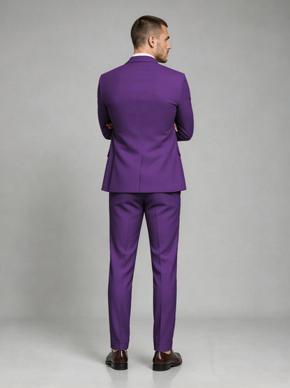 Savile Men's Dark Purple Wool-Blend 2-Piece Suit Set – Two-Button Notch Lapel Slim-Fit Blazer & Turn-Up Trousers - Purple