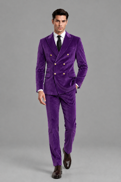 Savile Men's Purple Velvet Double-Breasted 2-Piece Suit Set | Peak Lapel Blazer & Trousers - Purple