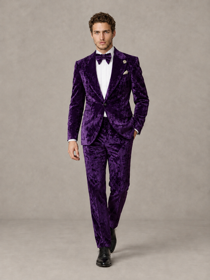 Savile Men's Purple Crushed Velvet Peak Lapel 2-Piece Suit Set | Jacket & Trousers - Purple - Purple (4)