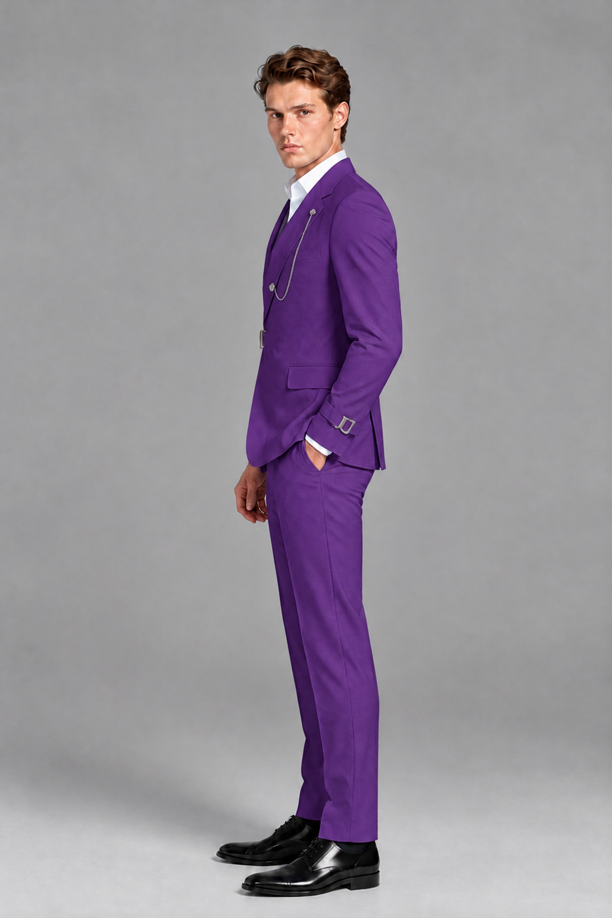 Savile Men's Purple Buckle-Closure 2-Piece Suit Set | Peak Lapel Blazer & Trousers - Purple
