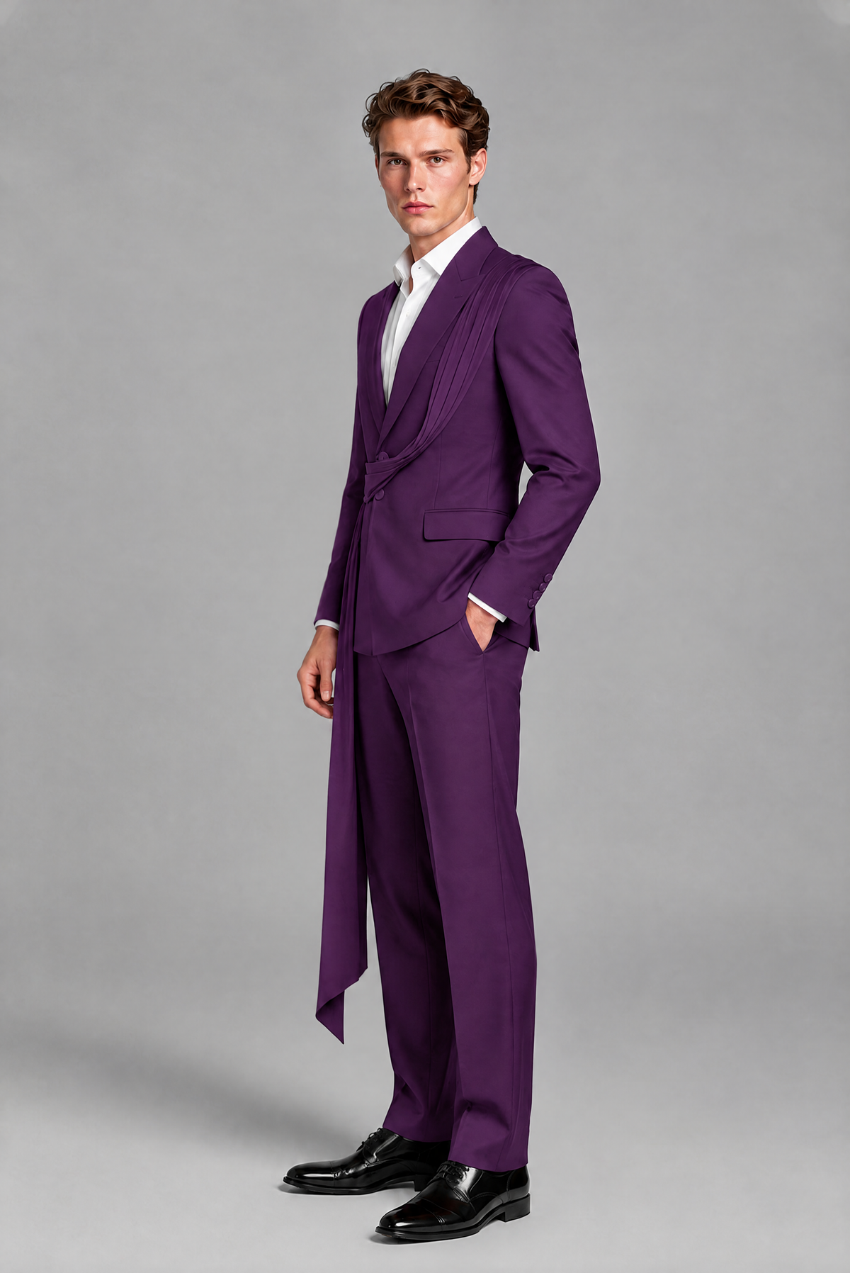Men's Purple Draped Sash Suit – Peak Lapel 2-Piece Slim Fit Party, Gala & Wedding Set - Purple