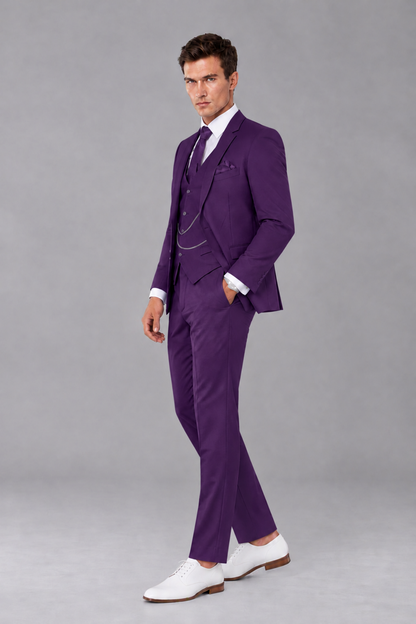 Savile Purple 3-Piece Suit with Notch Lapel & Chain Vest - Purple