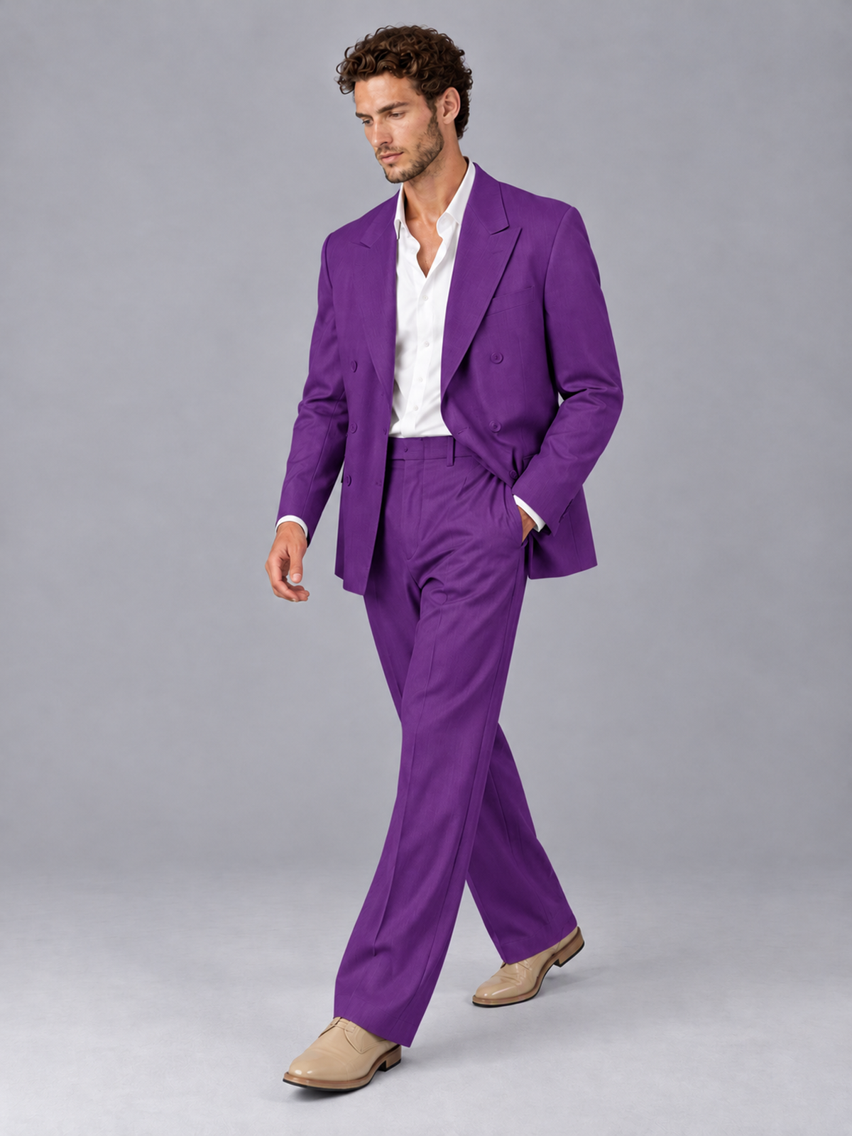 Savile Purple Beige Double-Breasted 2-Piece Suit with Peak Lapel - Purple
