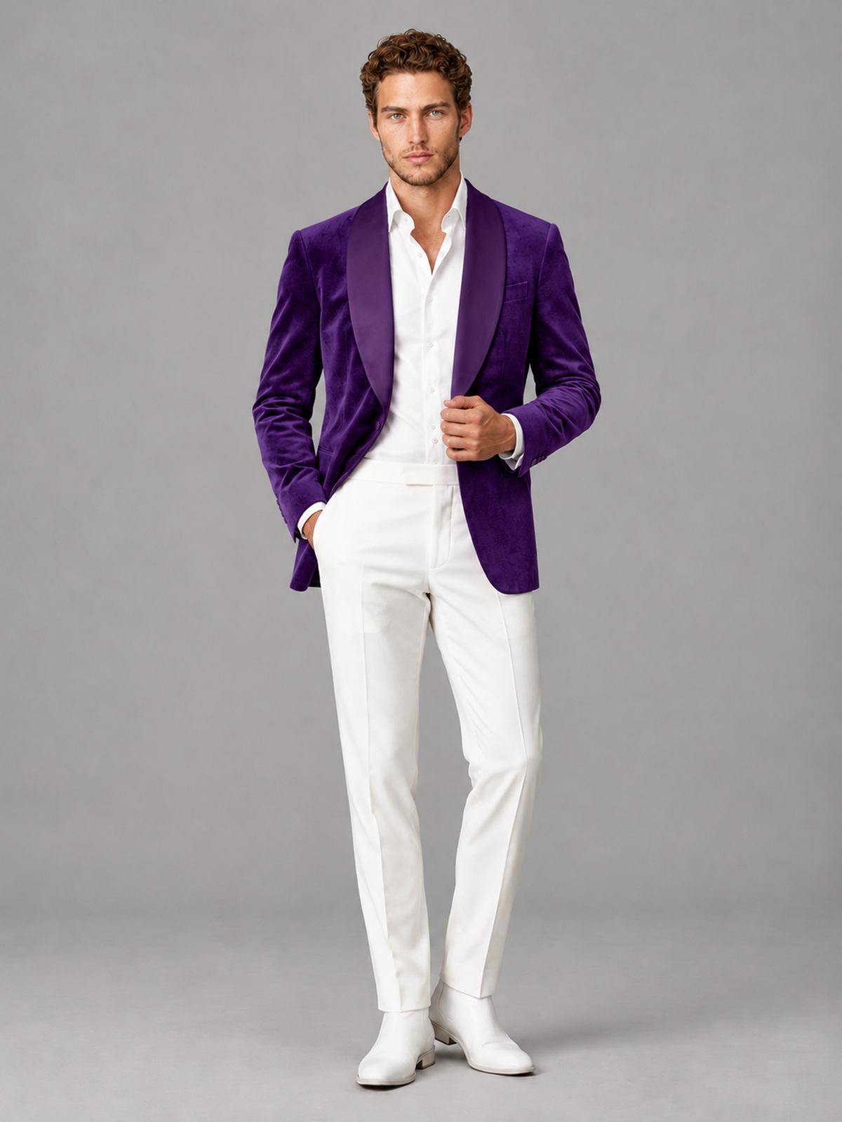 Savile Men's Purple Velvet Shawl Lapel 2-Piece Tuxedo Suit Set | Jacket & White Trousers - Purple - Purple (4)