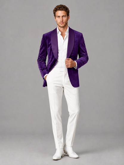Savile Men's Purple Velvet Shawl Lapel 2-Piece Tuxedo Suit Set | Jacket & White Trousers - Purple - Purple (4)