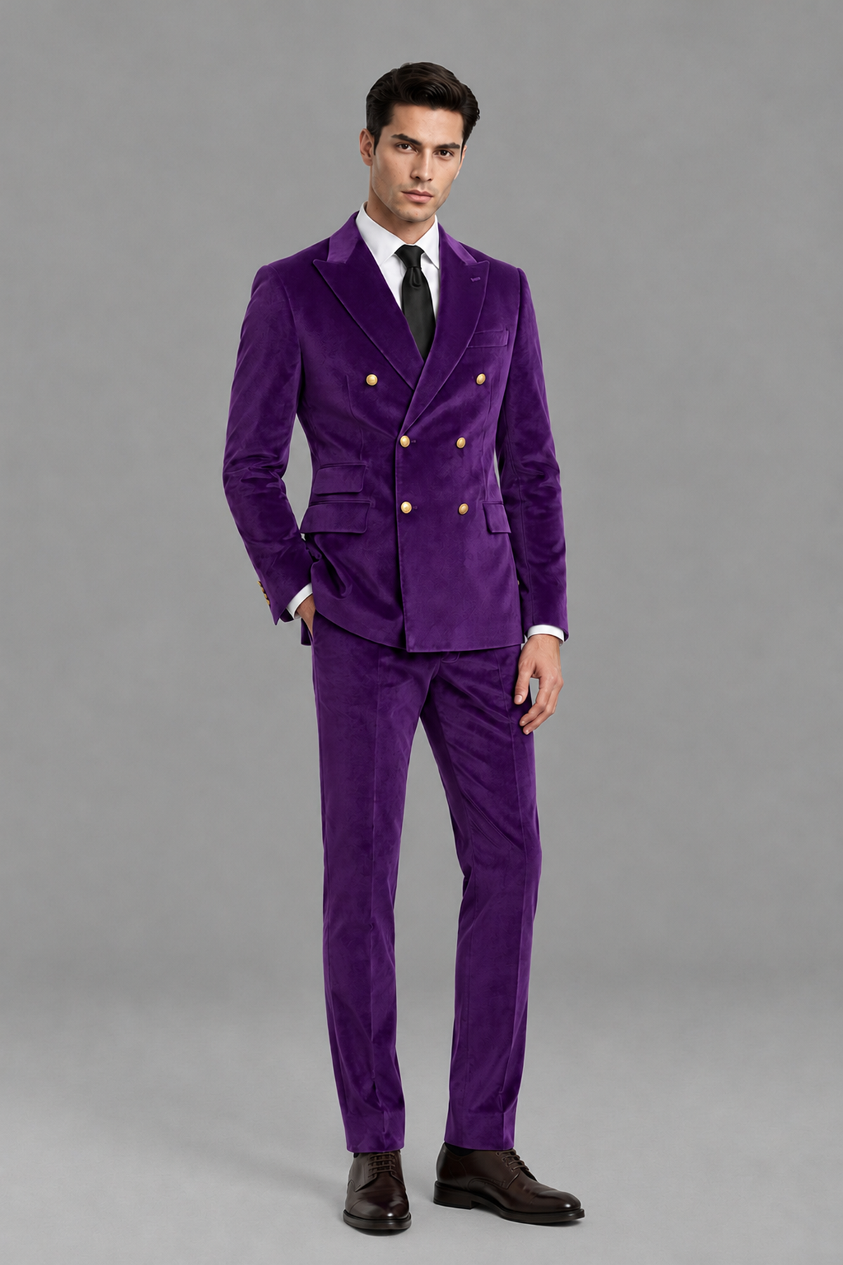 Savile Men's Purple Velvet Double-Breasted 2-Piece Suit Set | Peak Lapel Blazer & Trousers - Purple
