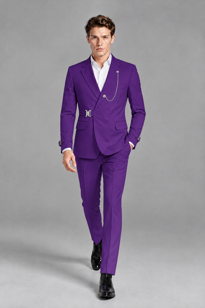 Savile Men's Purple Buckle-Closure 2-Piece Suit Set | Peak Lapel Blazer & Trousers - Purple