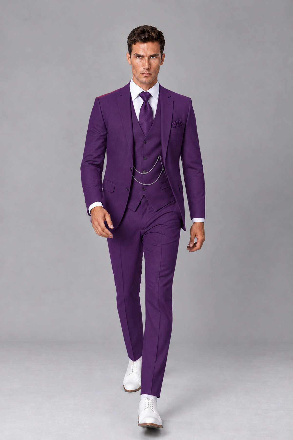 Savile Purple 3-Piece Suit with Notch Lapel & Chain Vest - Purple