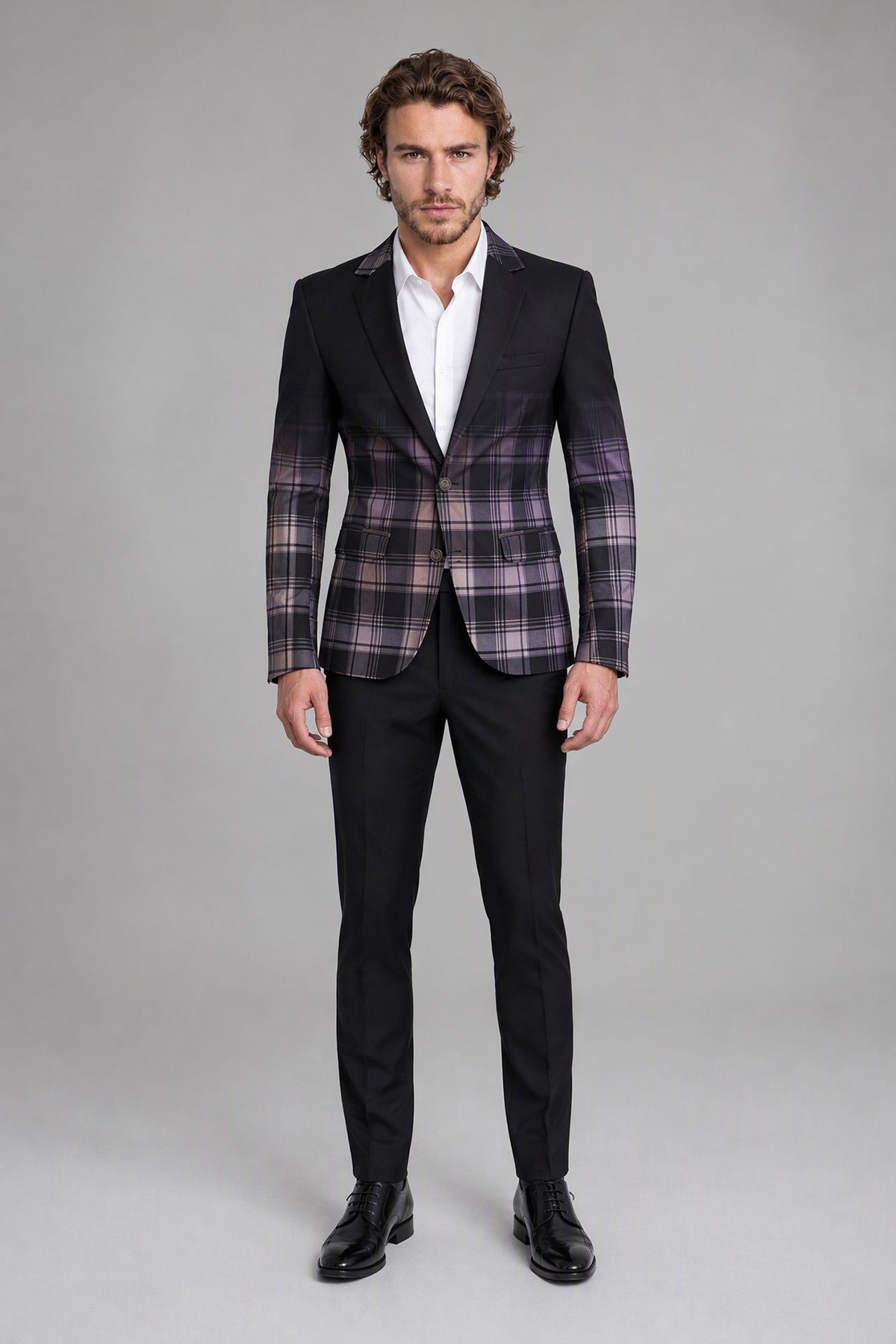 Savile Men's Charcoal Purple Plaid Blazer | Slim-Fit Check Jacket with Notch Lapel