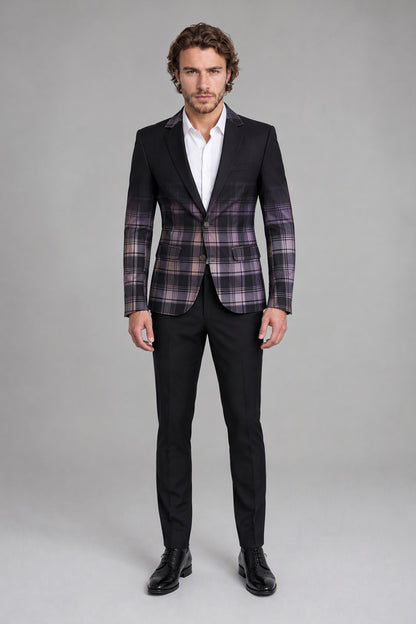 Savile Men's Charcoal Purple Plaid Blazer | Slim-Fit Check Jacket with Notch Lapel