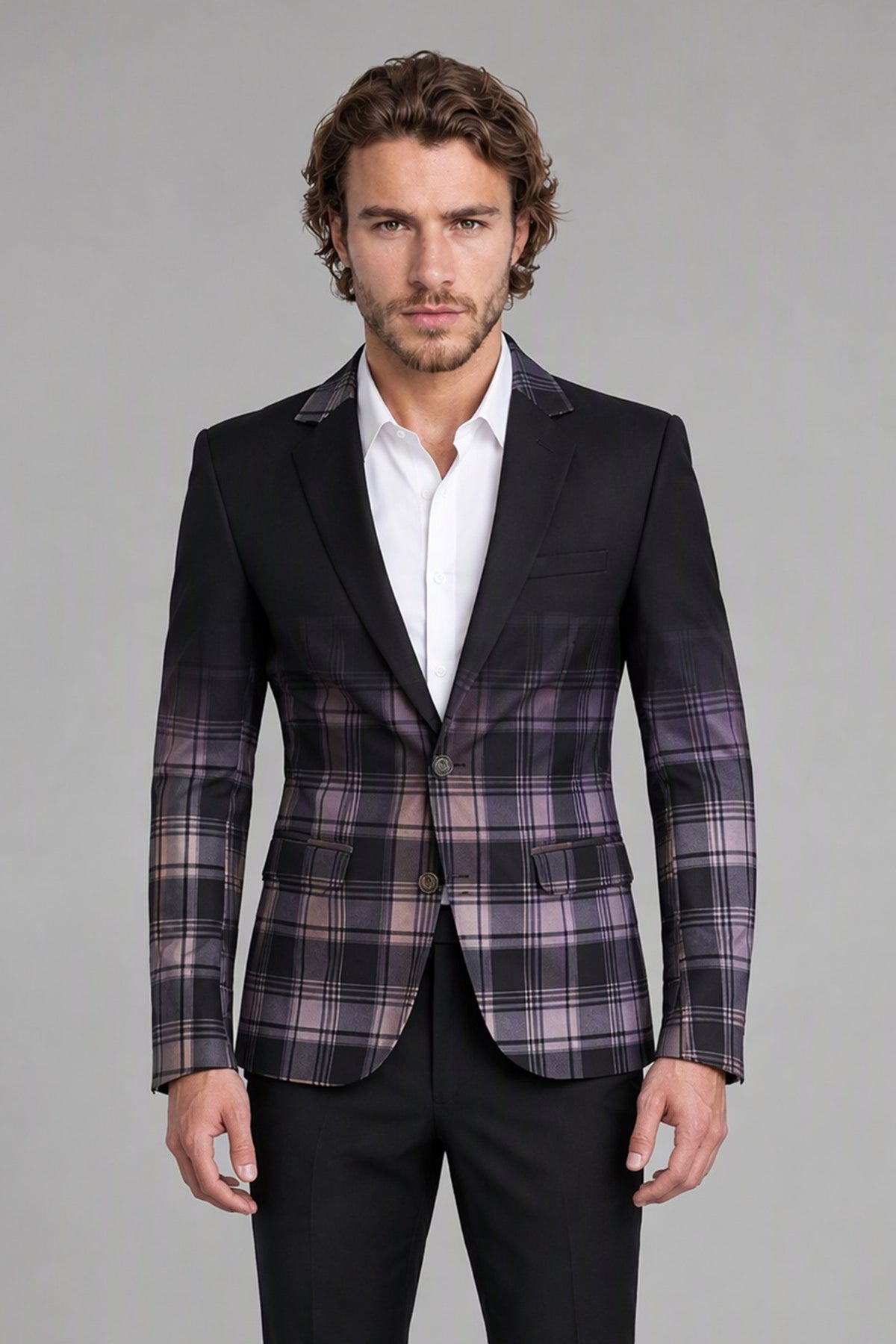 Savile Men's Charcoal Purple Plaid Blazer | Slim-Fit Check Jacket with Notch Lapel