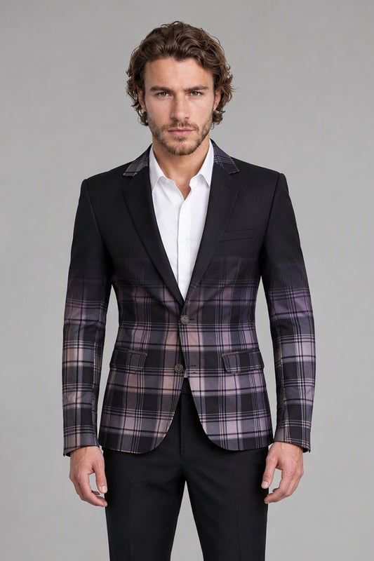 Savile Men's Charcoal Purple Plaid Blazer | Slim-Fit Check Jacket with Notch Lapel