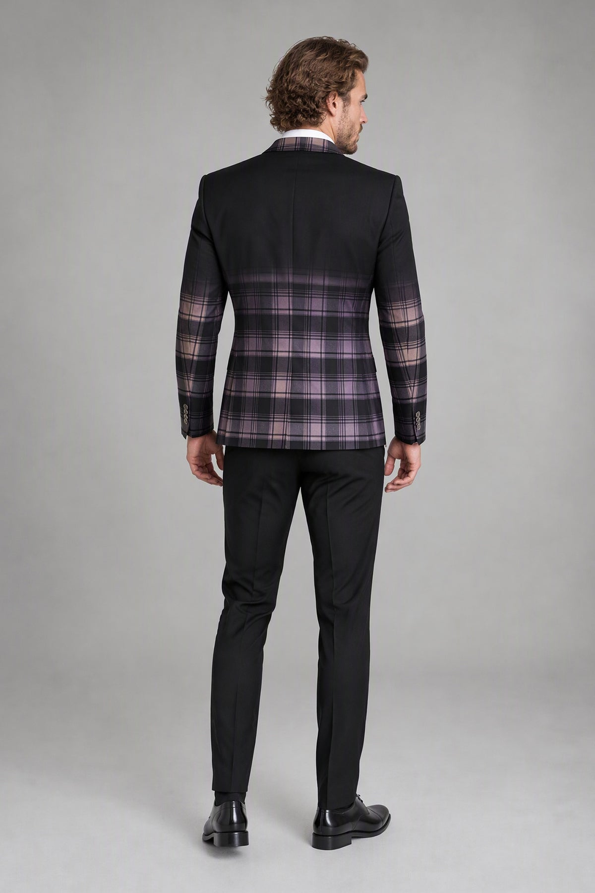 Savile Men's Charcoal Purple Plaid Blazer | Slim-Fit Check Jacket with Notch Lapel