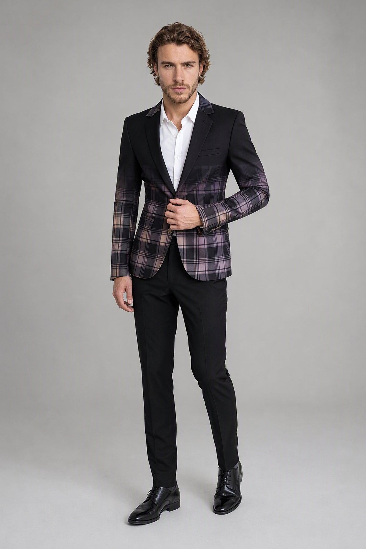 Savile Men's Charcoal Purple Plaid Blazer | Slim-Fit Check Jacket with Notch Lapel