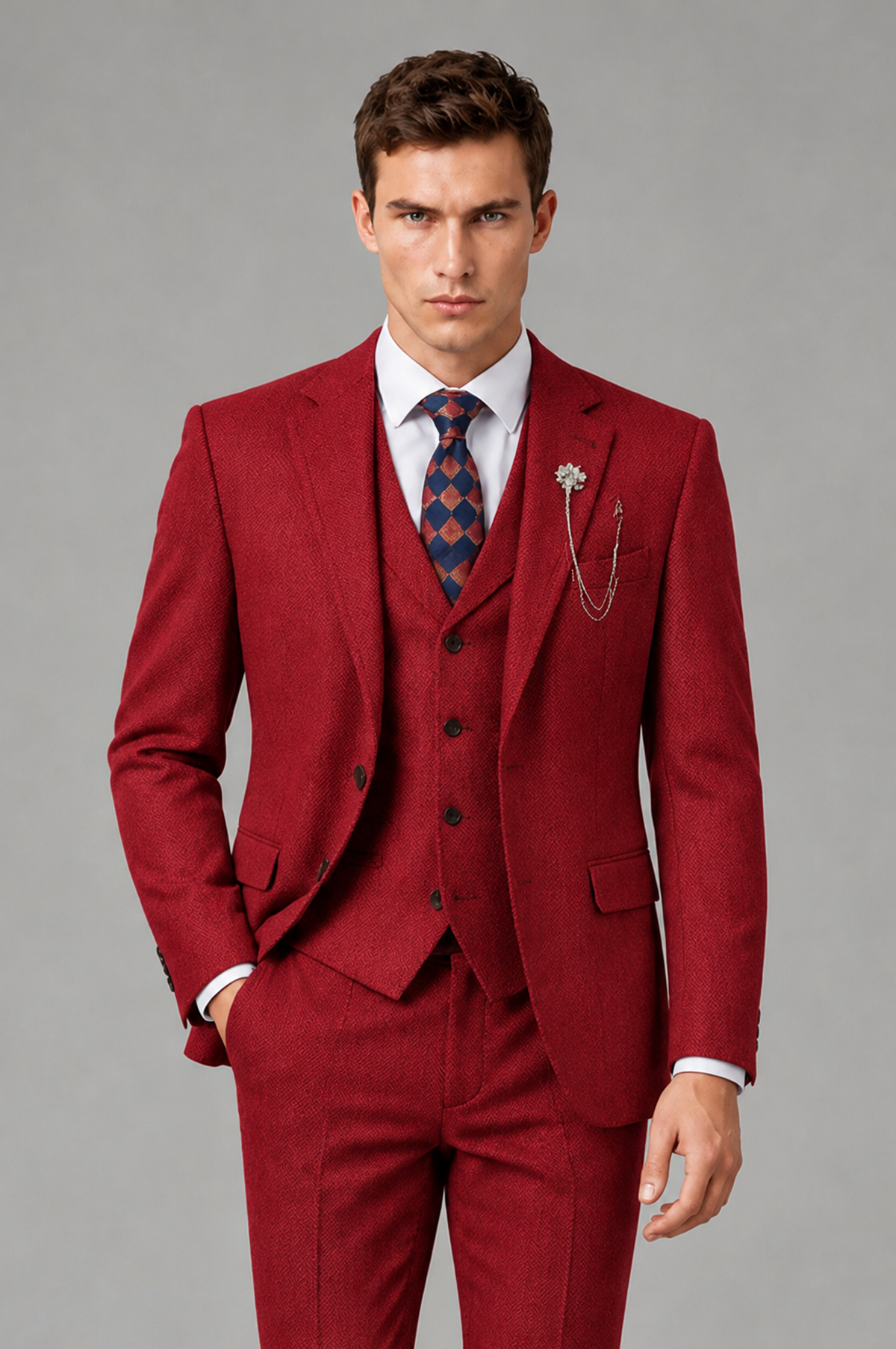 Savile Men's Grey Notch Lapel 3-Piece Suit Set | Jacket, Vest & Trousers - Red - Red