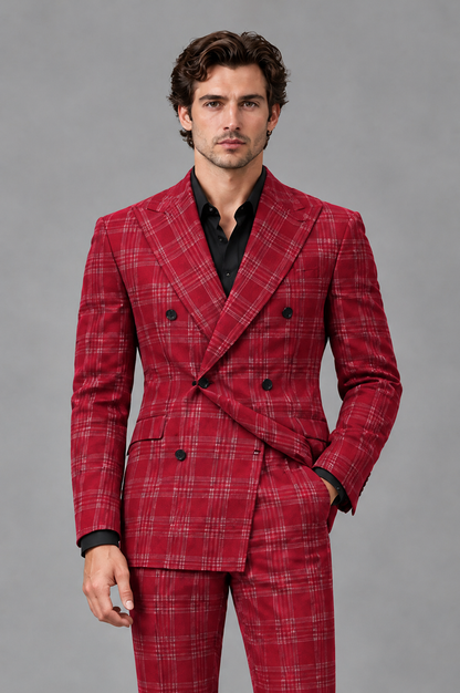 Savile Men's Rust Plaid 2-Piece Double-Breasted Suit – Peak Lapel Slim-Fit Jacket & Trousers Set - Red - Red